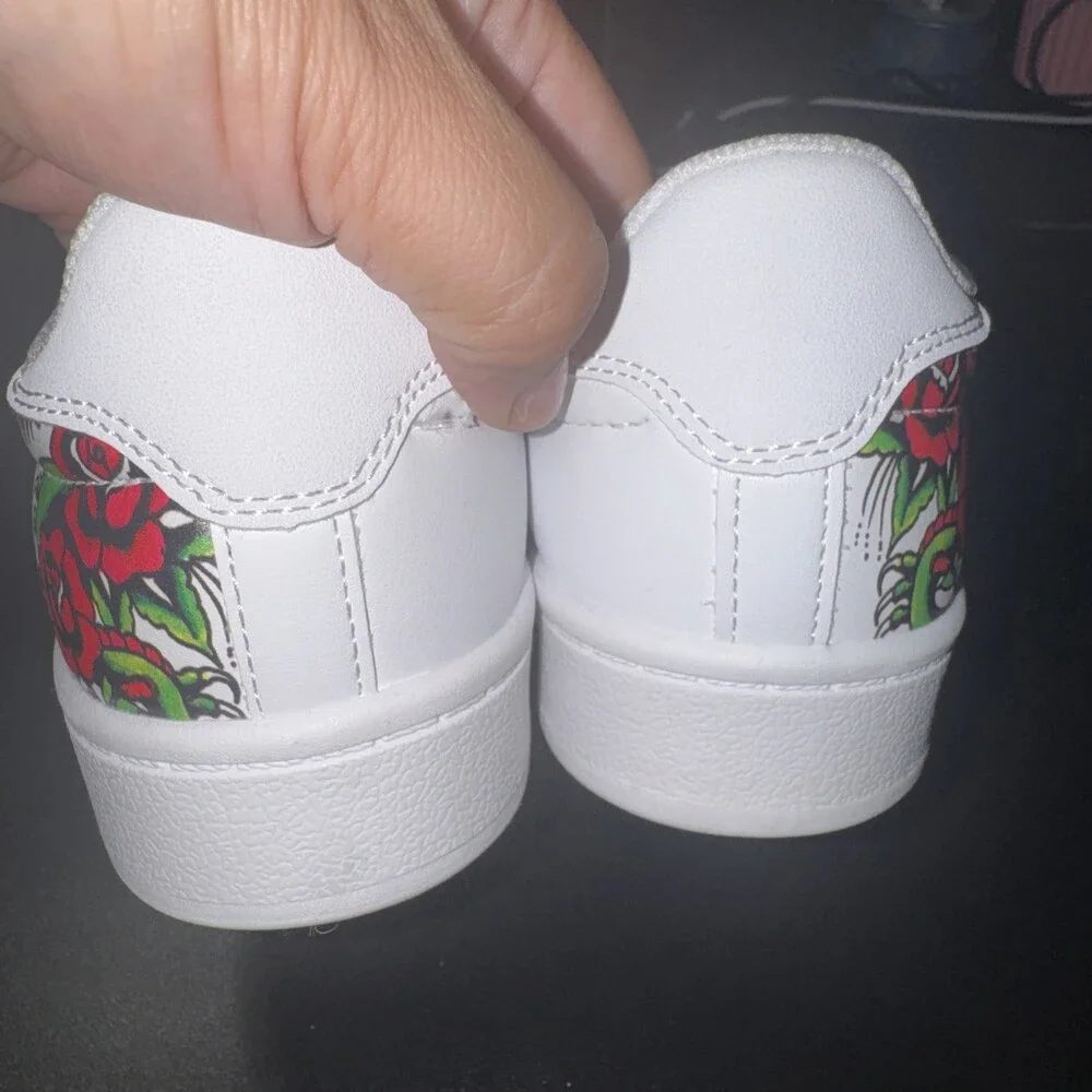 NWOB Ed Hardy Girls White Court Tattoo Sneakers with Red Rose & Dragon Detail